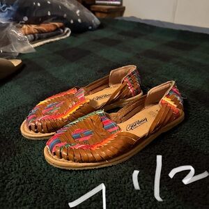 Brown and Red Huarache Sandals with Woven Design